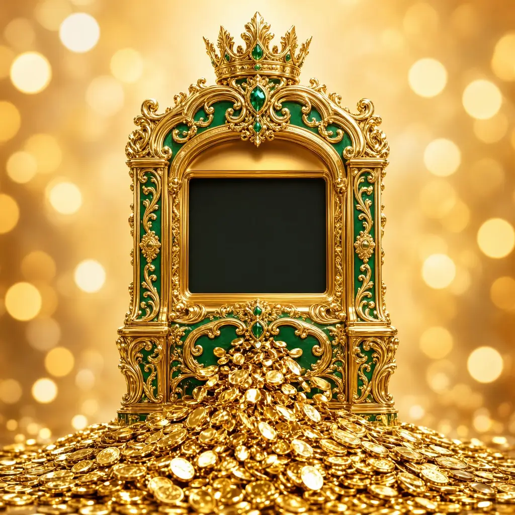 Caça-níqueis dourado com coroa e moedas caindo